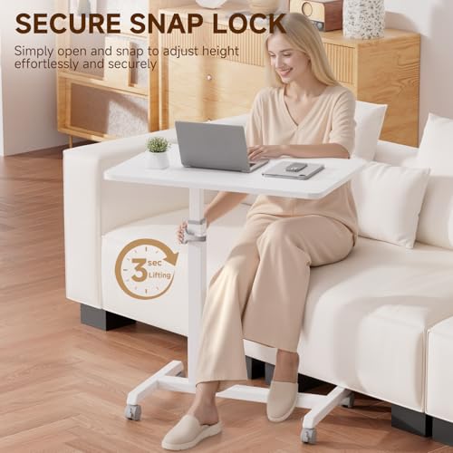 GTPLAYER Small Standing Desk, 24 Inches Mobile Foldable Rolling Laptop PC Table with Lockable Casters, Adjustable Height Overbed Bedside Table Computer Workstation for Home Office, White GTPLAYER