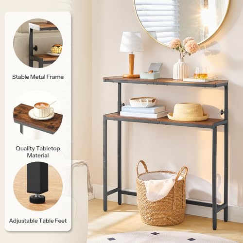 HOOBRO Narrow Console Table with Adjustable Height (31.5"-37.4"), High Entryway Table, Skinny Behind Couch Table with 2 Tier Shelf, Sofa Table for Hallway, Livingroom, Rustic Brown and Black BF96XG01 HOOBRO