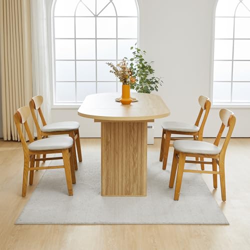 70.8 Inch Kitchen Dining Table for 4-6 People, Oval Kitchen Table with Wood Strip Base, Modern Farmhouse Large Round Dining Room Tables for Living Room (Natural) weselon