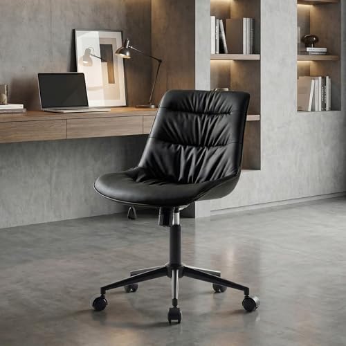 Rowill Faux Leather Office Chair, Ergonomic Armless Desk Chair with Waterproof Cushion & Slient Wheels & SGS-Certified Class 3 Gas Lift, Ideal for Home Office, Study and Vanity(Black) Rowill