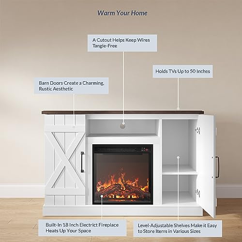 BELLEZE 47" TV Stand with 18" Electric Fireplace Heater & Media Entertainment Center Console Table for TV up to 50" with Open Storage Shelves & Cabinets - Veropeso (White) BELLEZE