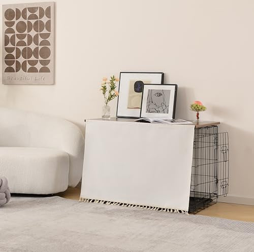 VIE DE AMAN Dog Crate Topper Wood for 48 42 36 24 inch Cages, Dog Crate Table Topper with Tassel Curtain, Rustic Style Dog Kennel Topper, Rustic Brown(Dog Crate Not Include) VIE DE AMAN