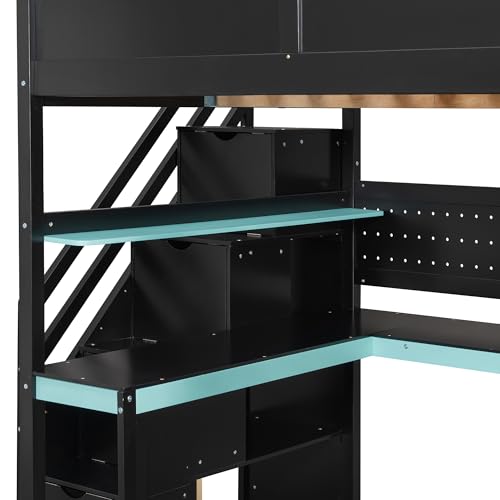LUMISOL Full Size Gaming Loft Bed with Desk & Stairs, Solid Wood Loft Bed with Shelves & Pegboard, Black+Blue LUMISOL