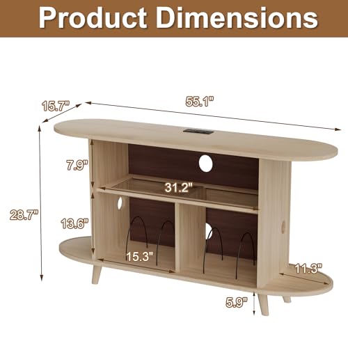 Hretanant Record Player Stand,55" Record Storage Cabinet with Charging Station&USB Ports,Mid Century Turntable Stand with Vinyl Storage&LED Lights,Holds up to 300+ Albums,for Living Room Bedroom,Oak Hretanant