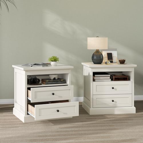 Gyfimoie Nightstand with Side Drawer, Night Stand, End Table with Hidden Storage Space, Bedside Table with Open Shelf, 2 Drawers Dresser for Bedroom, Living Room, Closet (White) Gyfimoie
