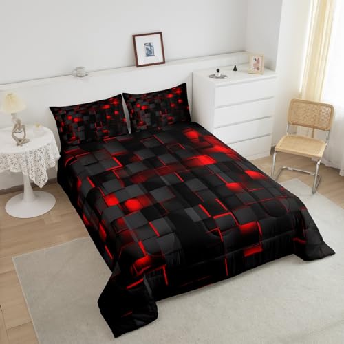 Feelyou Red and Black Bedding Set Queen Size Light Geometric Comforter Set for Kids Boys Girls Decor Comforter Modern Duvet Set Feelyou