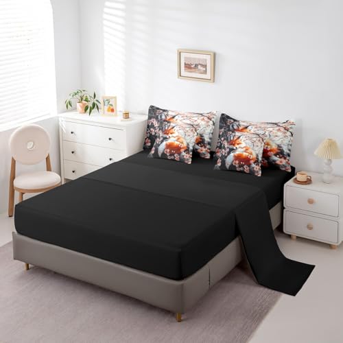 Feelyou Fox Comforter Set with Sheets Queen Size Kids Japanese Cherry Blossoms 7 Pieces Bedding Set for Boys Girls Teens Cute Cartoon Fox Bed in a Bag Woodland Fox Bed Set Nature Wildlife Feelyou