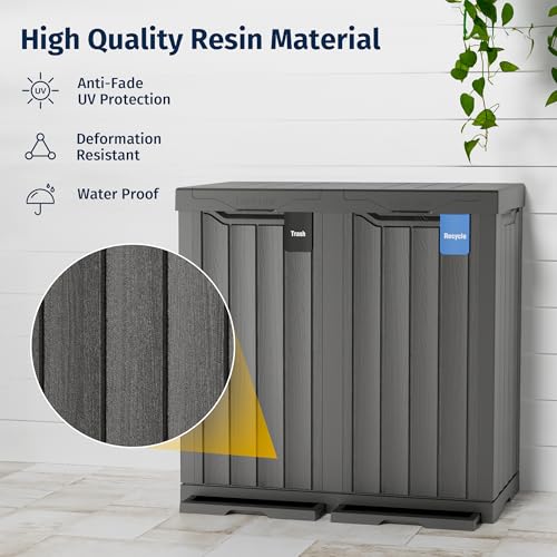 EAST OAK 62 Gallon Outdoor Trash Can | Waterproof Resin Garbage Can with Recycle and Garbage Labels | Secure Bag Lip Lock and Drip Tray | Outside Trash Bin for Patio | Kitchen, Backyard or Deck | Gray EAST OAK