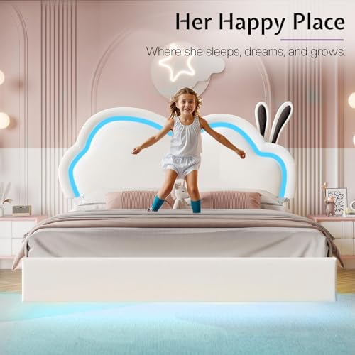 Jocisland LED Full Bed Frame for Girls Upholstered Floating Bed with Cute Cloud Headboard, No Box Spring Needed, Leather, White Jocisland