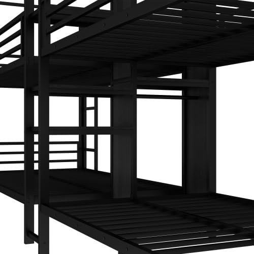 Twin Size Quadruple Metal Bunk Bed with Wardrobe & Storage Shelves, Quadruple Metal Bunk Bed Frame with Noise-Reduced Design (Black/Twin) MERITLINE