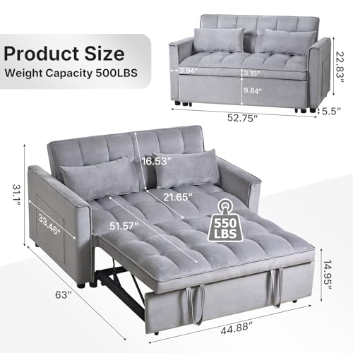 Rovibek 3 in 1 Sleeper Sofa Bed, 53'' Pull Out Couch Convertible Futon Loveseat with Adjustable Backrest, Velvet Sleeper Chaise Lounge Futon for Apartment Office Small Space, Grey Rovibek