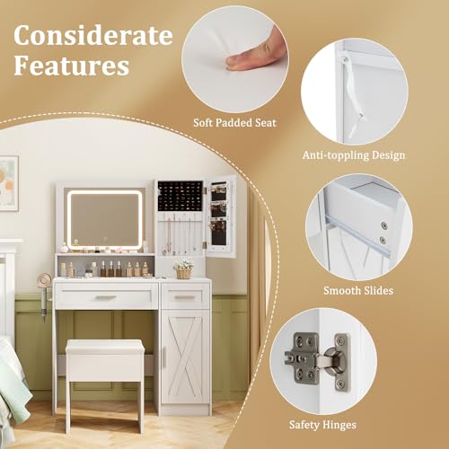 LOKO Farmhouse Vanity Set with Mirror & Lights, Dressing Table and Chair Set with 3 Lighting Modes & Adjustable Brightness, Charging Station & Hair Dryer Holder, Jewelry Cabinet, for Bedroom LOKO