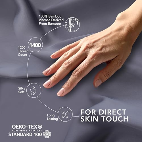 EPITEX Solid 4 Piece Queen Sheet Set - Viscose Derived from Bamboo, 1400 Thread Count, Breathable and Cooling Bed Sheets Set, Luxurious Silky Bedding for Hot Sleeper, Deep Pocket Up to 16'', Charcoal EPITEX