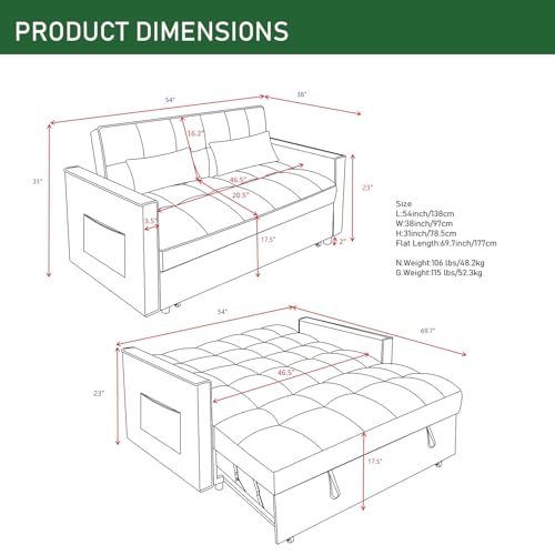 3 in 1 Convertible Sleeper Sofa Futon Bed,Modern Velvet Pull Out Couch Bed with Reclining Backrest&2 Pillows,54" Full Size Small Love Seat Lounge Couches for Small Spaces,Living Room (Dark Green) Majnesvon
