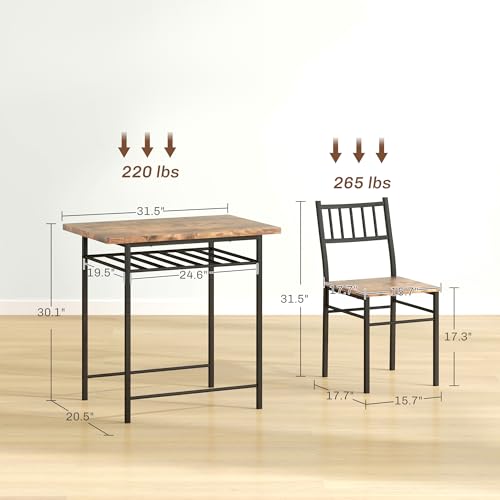 HOMCOM 3-Piece Dining Table Set for 2, Small Kitchen Table and Chairs with Built-in Storage Rack and Steel Frame, for Breakfast Nook and Small Space, Rustic Brown HOMCOM