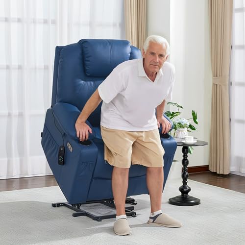 MCombo Electric Power Lift Recliner Chair Sofa with Massage and Heat for Elderly, 3 Positions, 2 Side Pockets, and Cup Holders, USB Ports, Faux Leather 7040 (Blue, Medium) MCombo