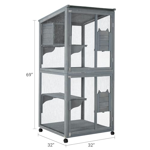 Cat Patio Enclosure, 69" Large Indoor Outdoor Catio Cage with Waterproof Roof, Lockable Wheels, Resting Cabin & Platforms for Multi-Cat Families, Weatherproof Catios PeacefulHues