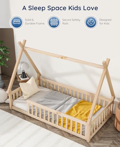 Tatub Twin Montessori House Floor Bed Frame with Rails and Roof - Nature-Inspired Kids Teepee Bed Tatub