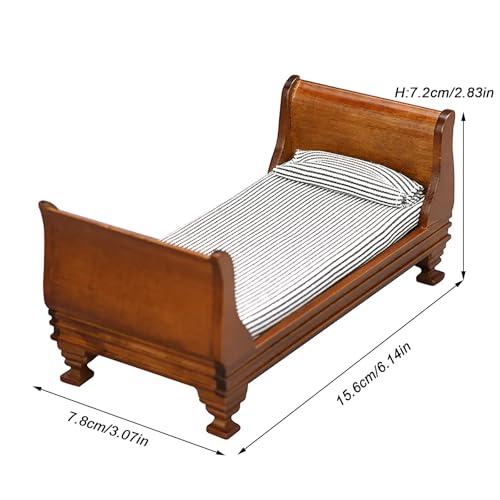 Gxsterd 1/12 Dollhouse Bed Miniature Single Bed Vintage Woode Mini Bed for for 6 inch Dolls Dollhouse Bedroom Furniture with Bedding Fabric (Brown) Gxsterd