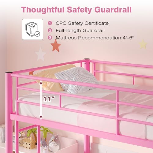 VECELO Bunk Bed Twin Over Twin, Metal Bunkbeds with Ladder and Full-Length Guardrail, No Box Spring Needed, Space Saving, Noise Free, Light Pink VECELO