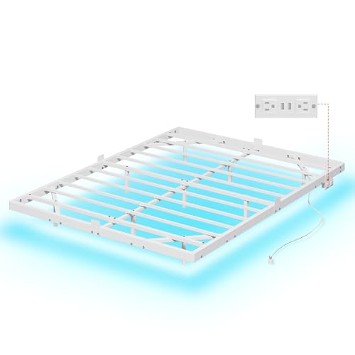 WLIVE Floating Queen Bed Frame, 1500Lbs Heavy Duty Metal Platform with LED Light and Charging Station, No Box Spring Needed, Easy Assembly, No Noise, Queen Size, Black, White WLIVE