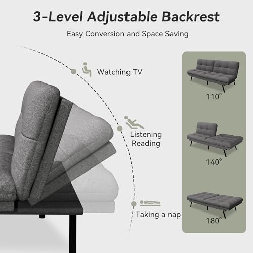 AMICLIBER Convertible Futon Sofa Bed,71" Memory Foam Futon Couch,Detachable Cushion,Adjustable Backrest & Armrest,Linen Modern Loveseat Sleeper Recliner for Living Room,Office,Apartment,Mist Grey AMICLIBER