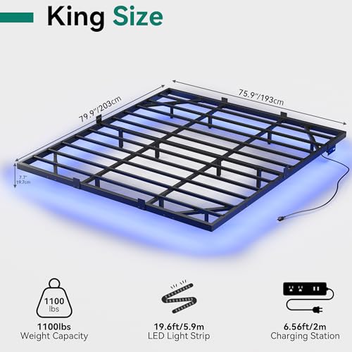 YITAHOME Floating Bed Frame King Size,Floating Bed with LED Lights & Charging Station, Metal Platform Bed Frame with Heavy Duty Steel Slats, No Box Spring Needed, Black YITAHOME