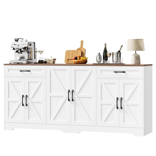 BOTLOG 71” Large Sideboard Buffet Cabinet with Storage, Farmhouse Kitchen Buffet Cabinet with Adjustable Shelves and 6 Barn Doors, Wood Coffee Wine Bar Console Table for Kitchen, Dining Room, White BOTLOG