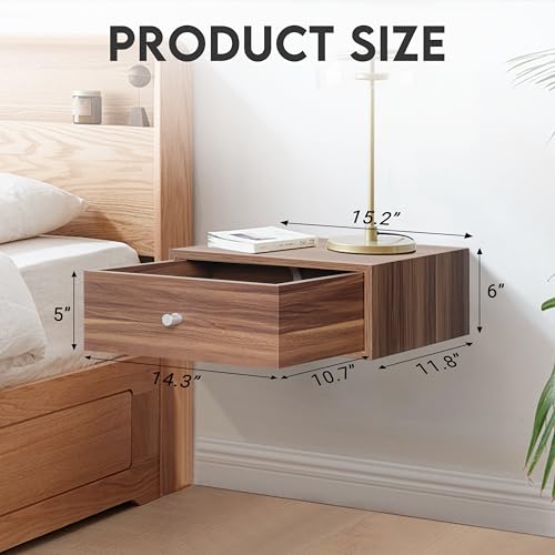 LOFTEY Floating Nightstand with Drawer, Wood Floating Bedside Table, Wall Mounted Nightstand, Floating Drawer for Bedroom, Walnut LOFTEY