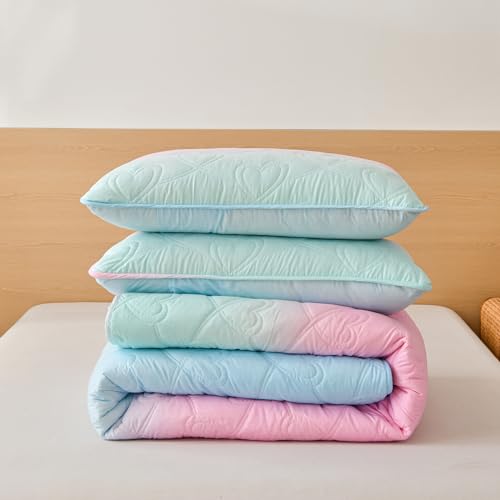 Xruibed Pink Quilt Set Twin Size Ombre Blue Pink Mint Quilt Sets Kids Girls Bedding Set 2PCs Summer Reversible Lightweight Microfiber Bedspread Coverlet Sets for All Season (68''x86'') Xruibed