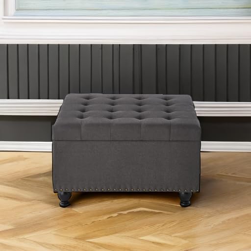 Acosure Large Square Storage Ottoman with Wooden Legs,Upholstered Button Tufted Coffee Table with Nail Trims,Easy to Install,for Living Space,Dark Gray Acosure