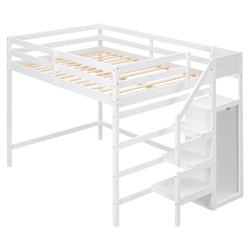 Bellemave Full Size Loft Bed with Stairs and Built-in Storage Wardrobe, Wood Loft Bed Frame with Storage Shelves and Hanging Rod White Loft Beds for Kids Boys Girls Adults Teens Dorm Bedroom Bellemave