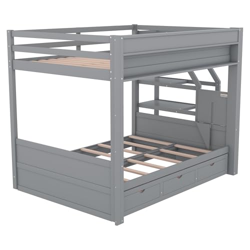 HRJHLucky Full Size Convertible Futon Bunk Bed with Storage Staircase, Bedside Table and 3 Drawers (Gray) HRJHLucky