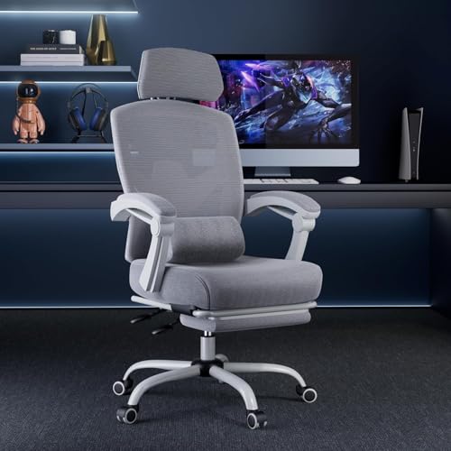 DUMOS Home Office Desk Chair with Footrest, High-Back Mesh Rolling Swivel Reclining Chairs with Wheels, Comfortable Headrest, Lumbar Support, Comfy Arms for Home, Office, Gaming, Student,Elegant Grey DUMOS