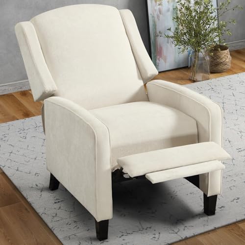 INZOY Wingback Pushback Recliner Chair, Fabric Push Back Recliners with Padded Seat, Mid Century Modern Reclining Chair for Living Room Bedroom, White