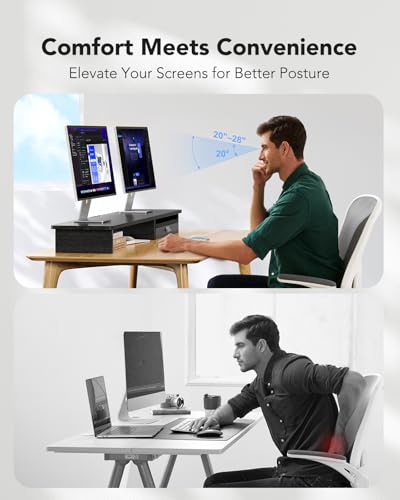 HUANUO Ergonomic Dual Monitor Stand Riser with Steel Tray & Fabric Drawer, Large Desk Organizer with One-Piece Platform, Monitor Stand for Desk, Computer Monitor Stand with Cable Management HUANUO