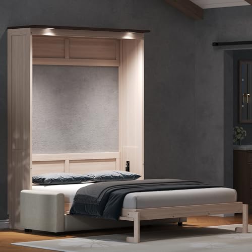 Merax Queen Size Wood Murphy Bed, with Upholstered Sofa Multifunctional Foldable Wall Platform Bedframe for Bedroom Guest-Room, Beige Merax
