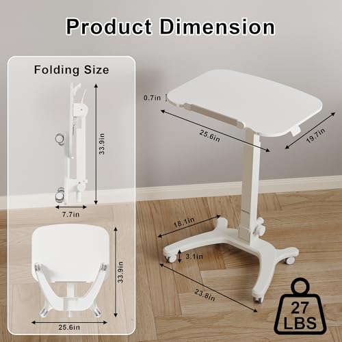 BONTEC Mobile Foldable Standing Desk, Portable Adjustable Height Desk with Gas Spring, Small Rolling Laptop Desk with Wheels for Home, Office, Bedroom, and Medical Use, 25.6" x 19.7" Desktop, White BONTEC
