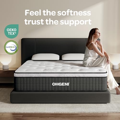 OhGeni 14 Inch Cooling Queen Size Mattress, Hybrid Gel-Infused Memory Foam Bed Mattresses in a Box, Medium Feel Cool Top Fabric,Individual Pocket Innerspring, 3-Zone Design & Reinforced Edge Support OhGeni
