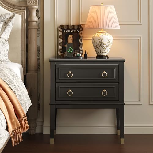 Huuger 27.6 Inch Tall Nightstand with Charging Station, USB-C Port, Larger Night Stand Set of 2, Bedside Table with 2 Drawers, 11.4 Inch Raised Legs, Side Tables End Tables, for Bedroom, Black Huuger