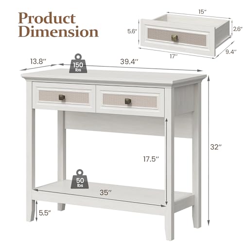 RoyalCraft Console Table with Drawers, Small Rattan Wood Entryway Table with Storage, Boho Narrow Long Sofa Table for Living Room, Hallway, Grayish White RoyalCraft