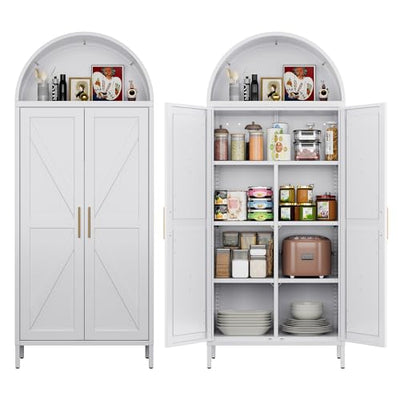 JAORD Metal Arched Kitchen Pantry Cabinet with 4 Adjustable Shelves, Farmhouse Arched Cabinet with 2 Doors for Kitchen,Bedroom,Living Room,White, Assemble Required,13.8" D x 27.6" W x 66.9" H
