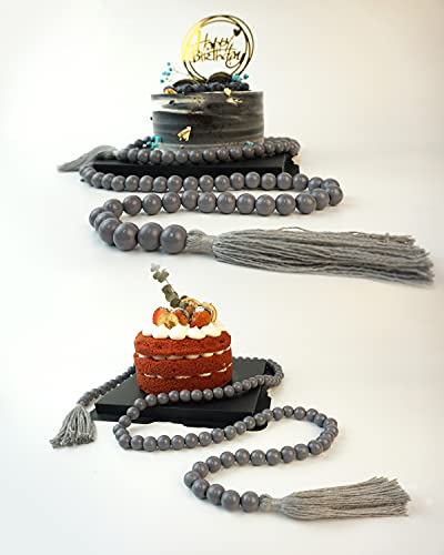 Wooden Beads Garland with Tassels, 61 Inch Grey Wood Bead Garland, Modern Farmhouse Decor, Boho Home Decor Clearance DF DUALFERV