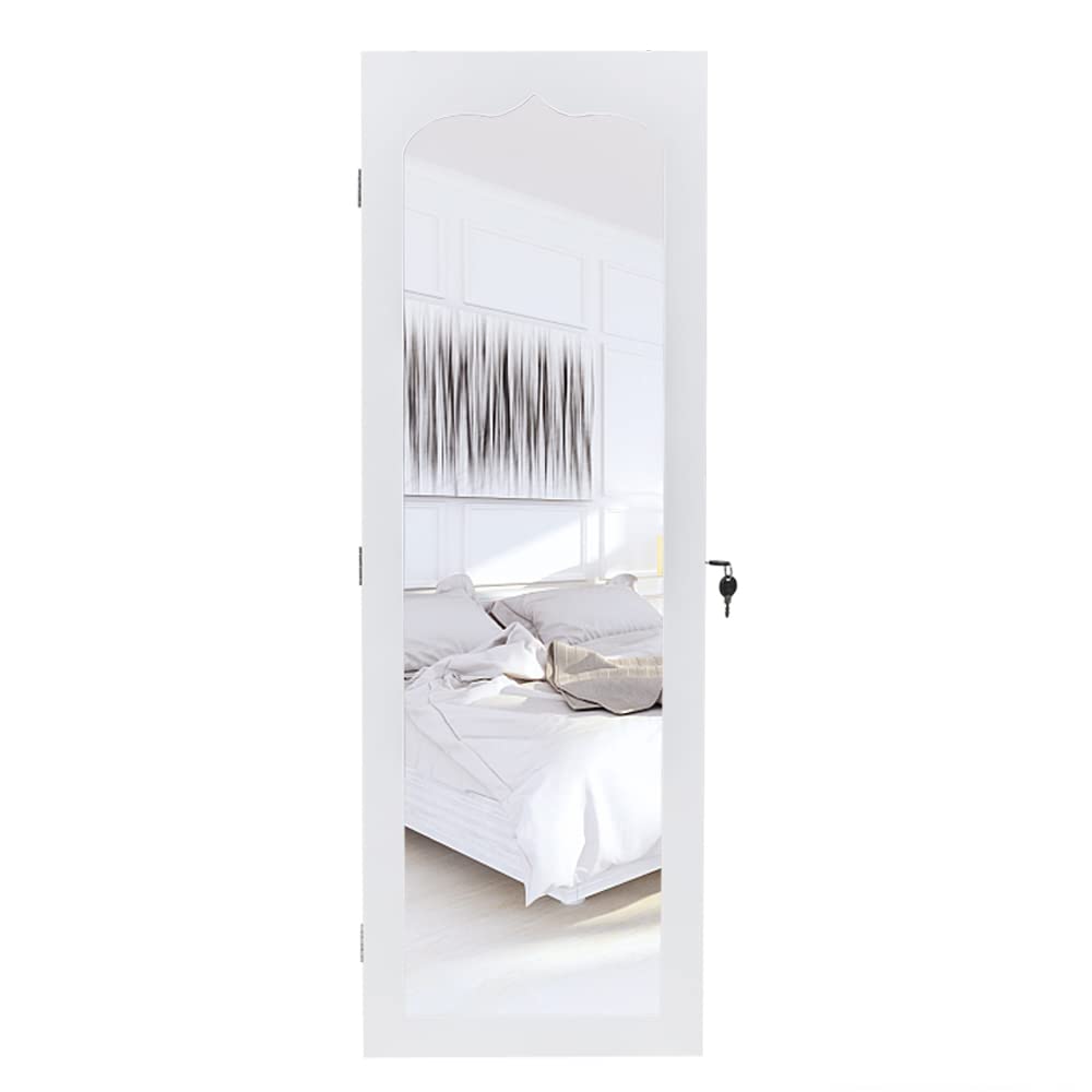 Full Length Mirror Jewelry Cabinet - 4-Layer Shelf Wall Mounted Jewelry Organizer with 8 LED Lights - Jewelry Armoire with Mirror And 6 Drawers - Wall and Door Hanging Jewelry Organizer - White WEI WEI GLOBAL
