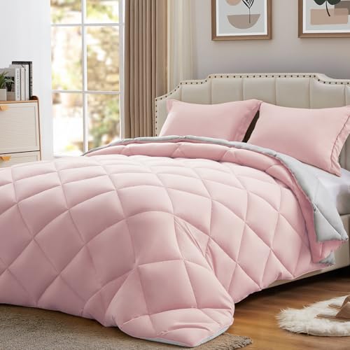 NexHome Twin Comforter Set Pink&Grey,2 Pieces Lightweight Comforters Twin Size Reversible Bedding Comforters Sets,Down Alternative Comforter Bed Set Quilt Blanket(68x88In Comforter & 1 Pillowsham) NexHome