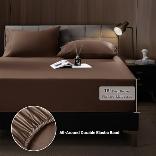 Shilucheng 4 Piece King Sheet Sets, Cooling Sheets, Blend Rayon Derived from Bamboo, Deep Pocket Up to 16", Breathable & Soft Bed Sheets, Hotel Silky Bedding Set, Brown Shilucheng