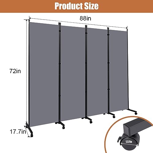 Room Divider Portable 88'' Partition Room Dividers and Folding Privacy Screens 4 Panel Wall Divider for Room Separation,Freestanding Fabric Room Divider Panel with Wheels for Home Office Hospital HOMSCREENER