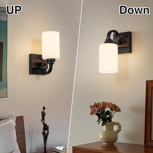 Mecgirn 1-Light Milk Glass Wall Sconces, Farmhouse Vanity Light Fixtures for Bathroom, Black and Wood Wall Lighting, Wall Sconce for Hallway, Entryway, Bedroom, Living Room Mecgirn