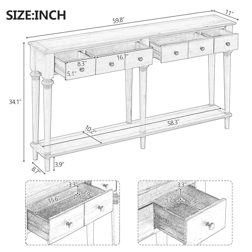 Knocbel Retro Console Table with 4 Drawers and Open Shelf, Vintage Sofa Tables with Slim Legs for Entryway Living Room 59.8" W x 11" D x 34" H Grey Wash Knocbel