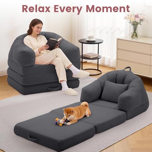 Korser Folding Sofa Bed, Convertible Sleeper Chair with Armrest, Floor Futon Couch with Pillow, Sleeper Single Chair for Adults, Couches for Living Room, Small Couches for Small Spaces,Grey Korser